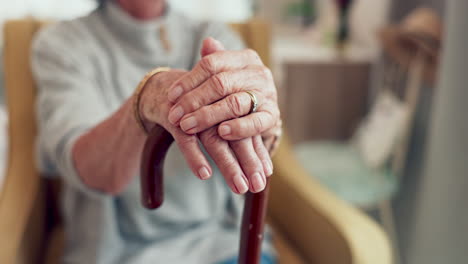 closeup, hands and cane with old woman