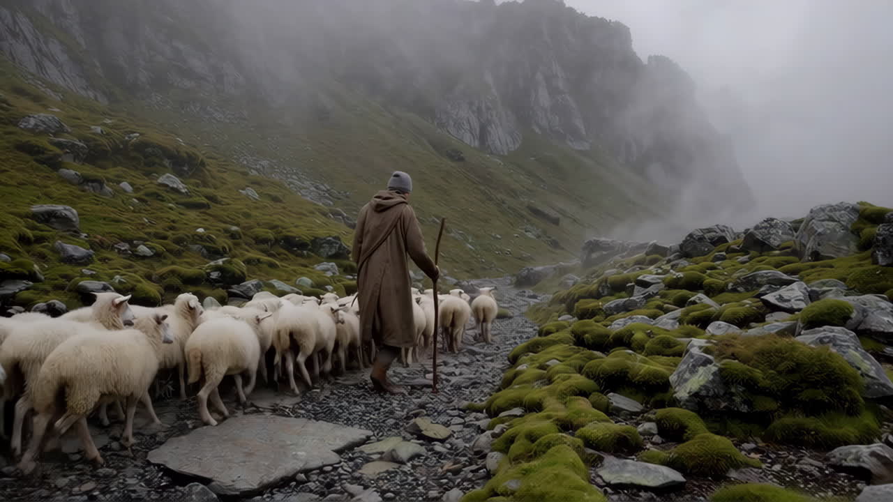 Shepherd Leading Flock Through Misty Mountains