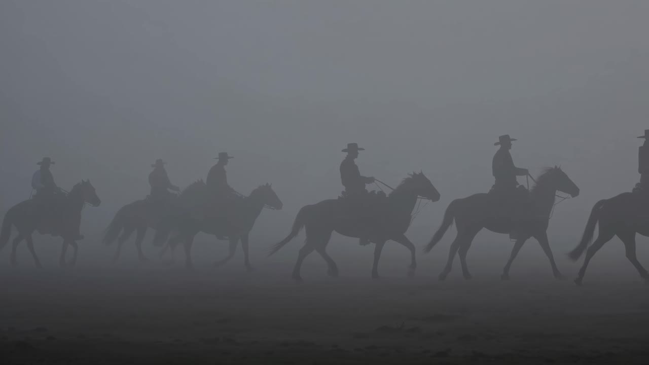Cowboys on Horses in a Foggy Field