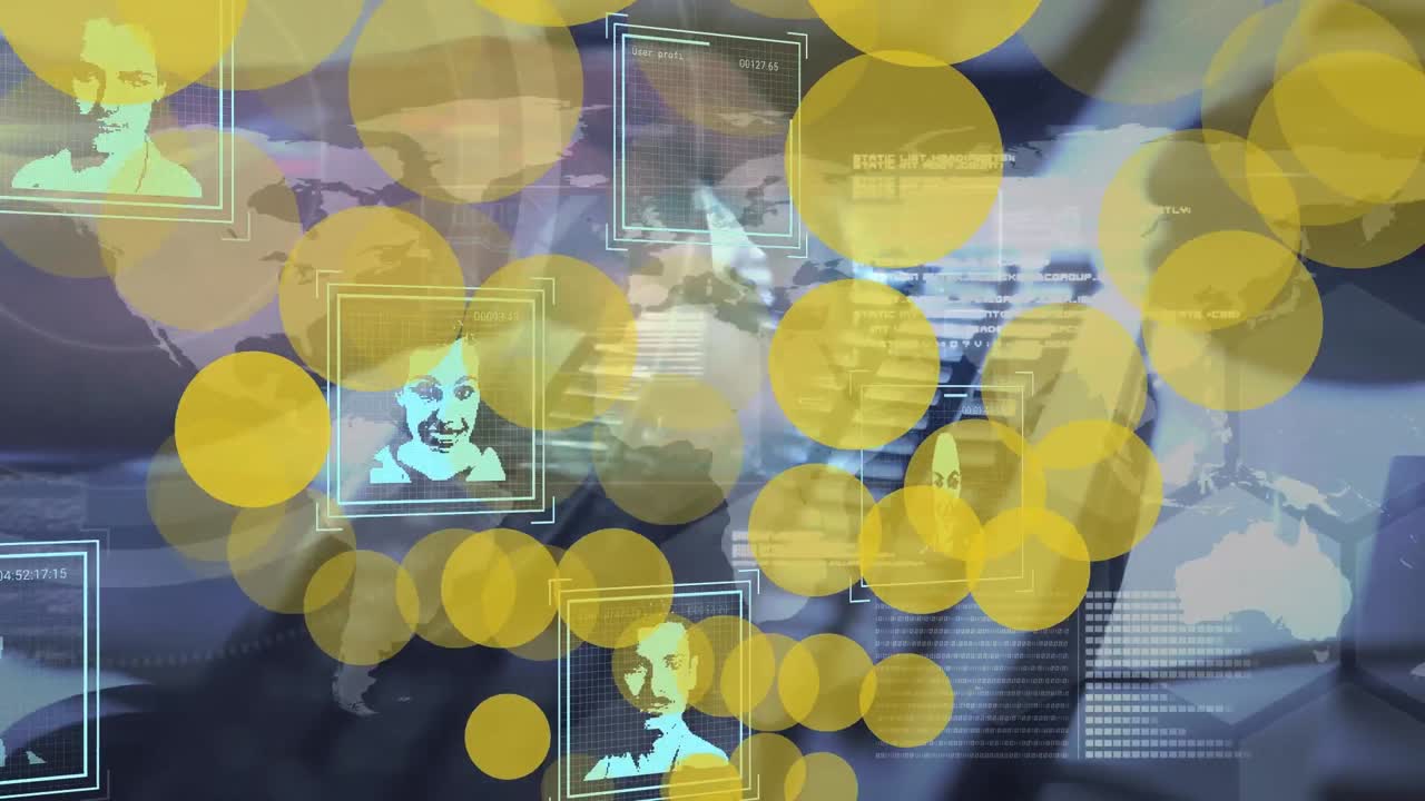 Animation of light spots over data processing with people portraits and hands typing on keyboard