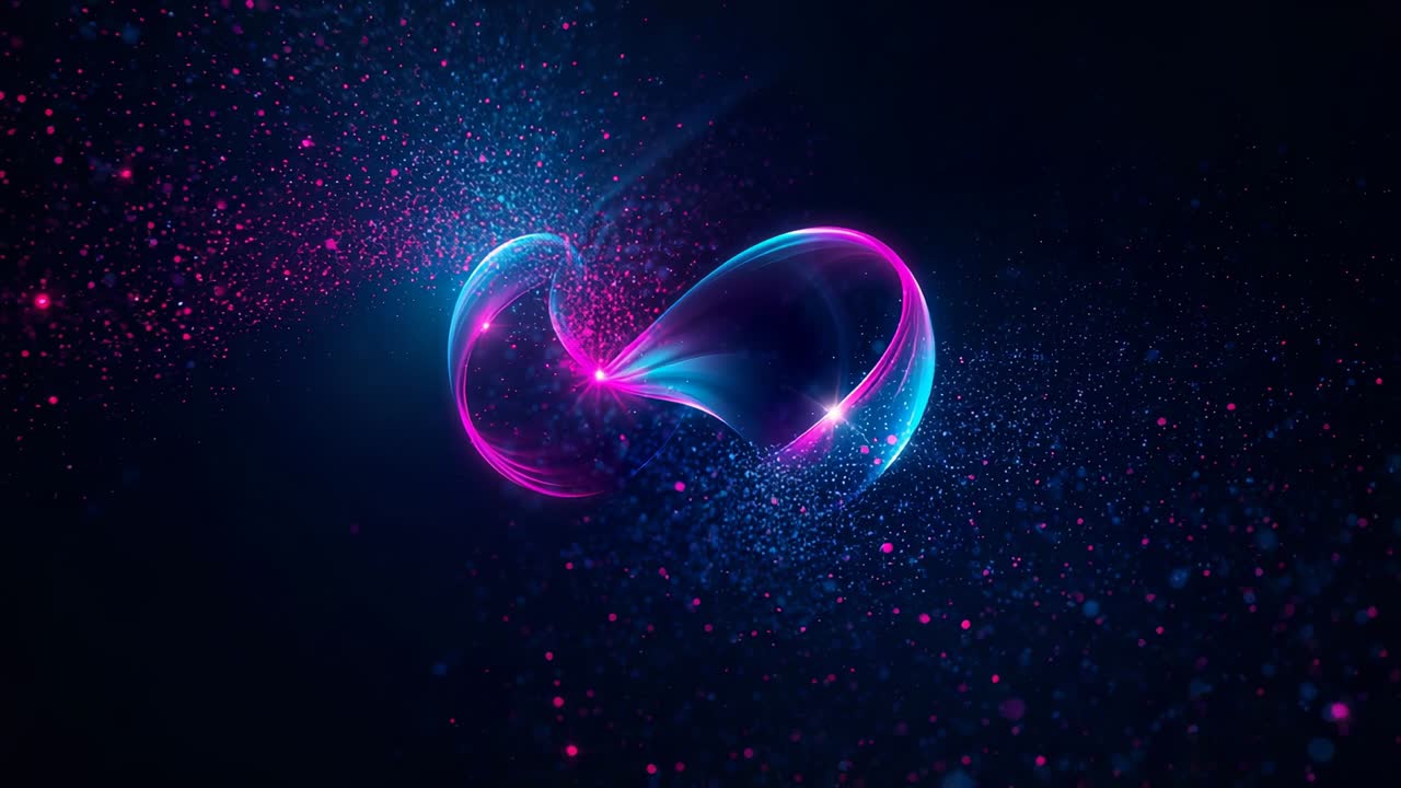 On start converging neon particles twisting into pink-blue ribbons and pulsing in dark void