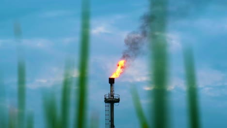 Fuego-De-Gas-Ardiendo-Desde-La-Antorcha-De-La-Chimenea-Causando-Contaminación-Al-Atardecer