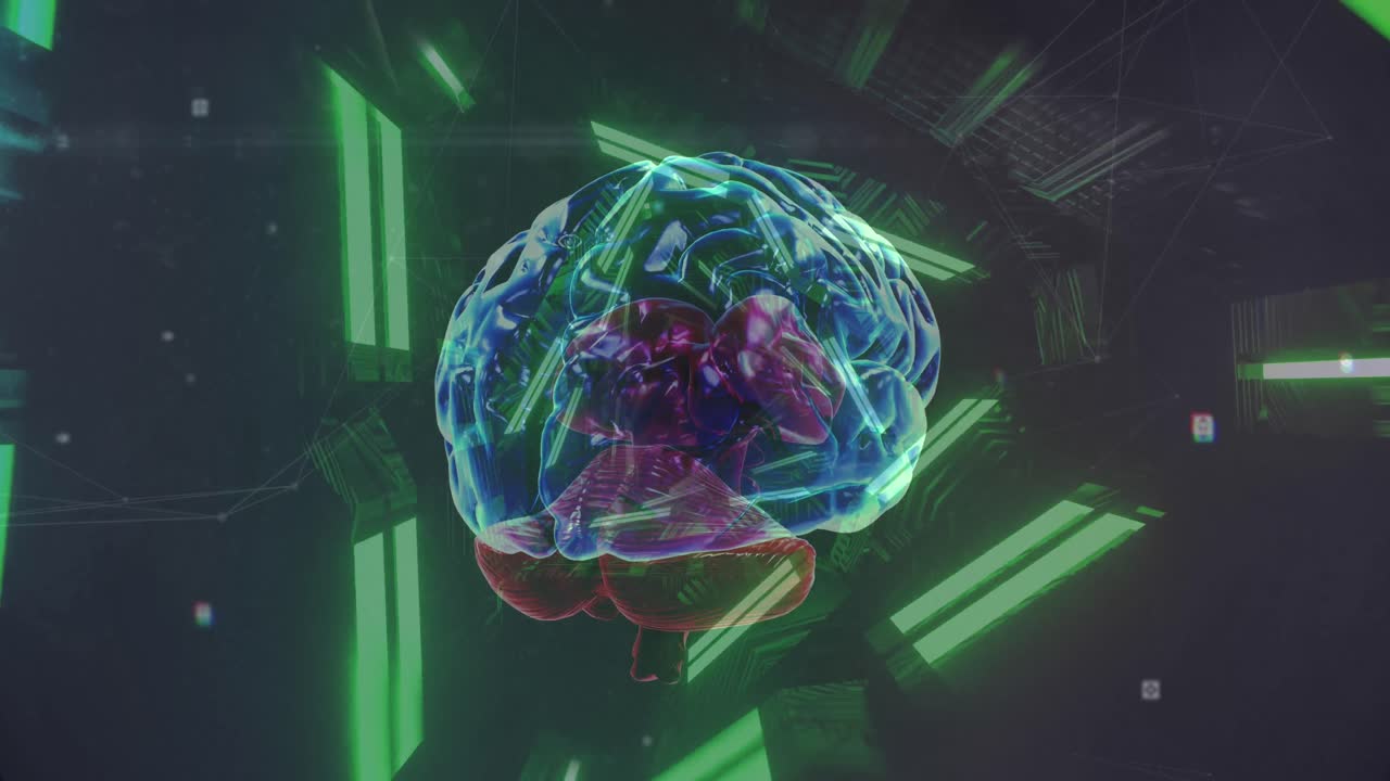 animación de luces de neón que giran sobre el cerebro sobre un fondo negro