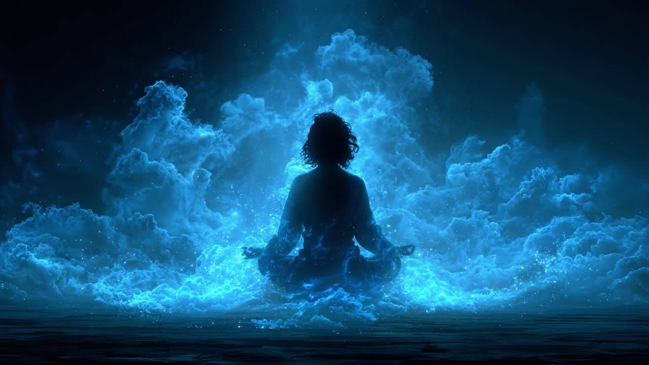 Una figura serena che medita in una nebbia blu eterea, circondata da un bagliore cosmico di nuvole e luce, evocando un senso di tranquillità e pace interiore.