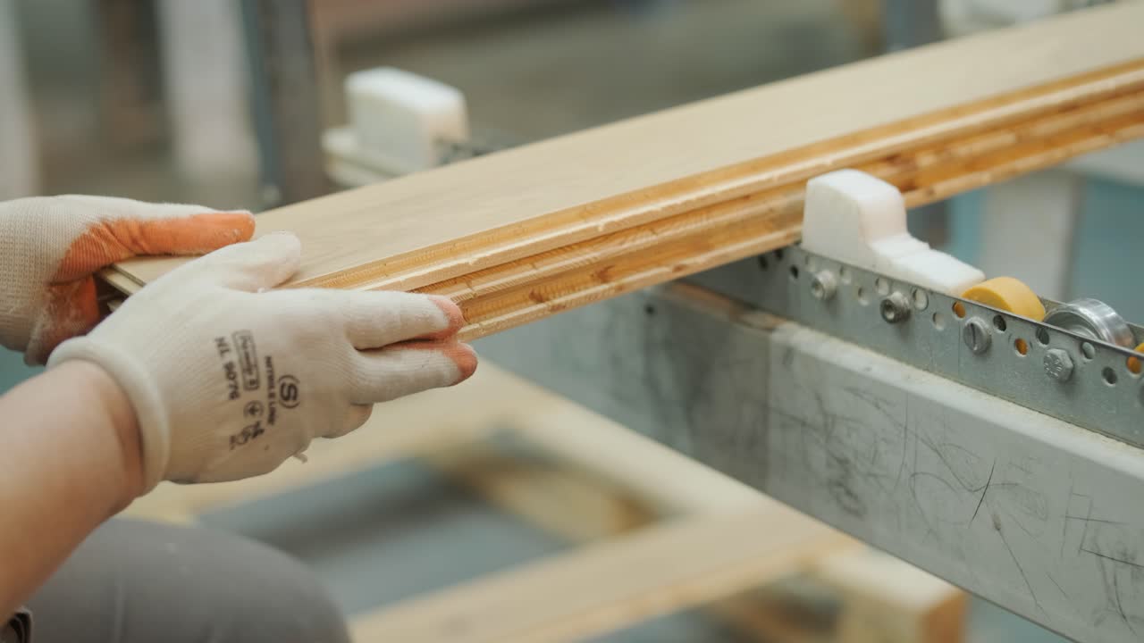 Arbeiter stapelt Holzdielen in einer Fabrik
