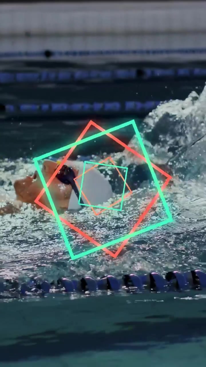 Schwimmer hebt den Arm und spritzt Wasser, neonfarbene rotierende Quadrate zeigen den Rückenschwimm-Rhythmus für den Sport.
