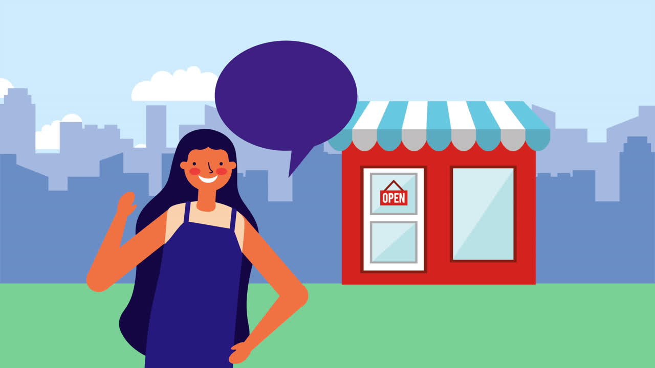 연설 거품과 상점 건물을 가진 젊은 여성