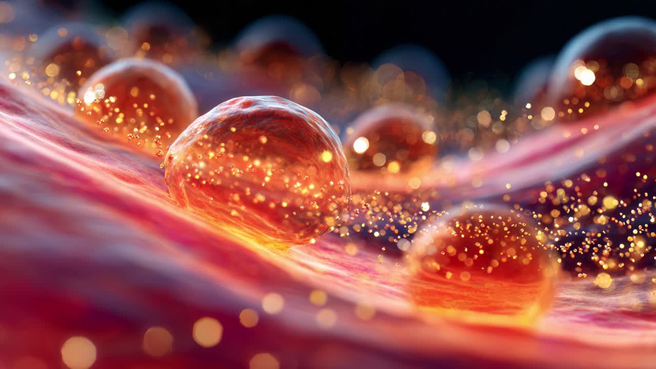 A close-up view of luminous, organic droplets gliding over a vibrant, textured surface, highlighting a breathtaking interplay of light, color, and magical realism in a microscopic world