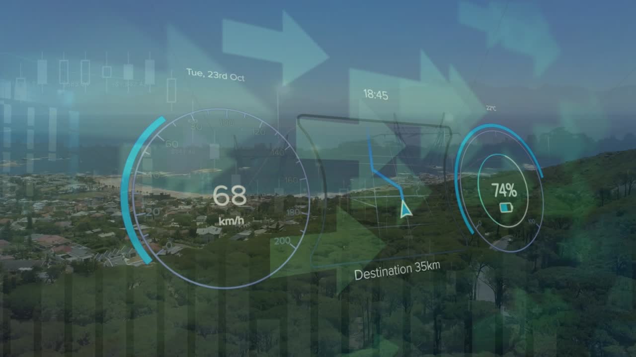 Animation of scope scanning with data processing and arrows over cityscape