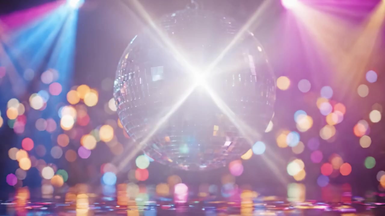 Et fantastisk skue af lys og refleksion: Den elegante discokugle glitrer under farverige scenelys med en baggrund af levende bokeh-effekter.