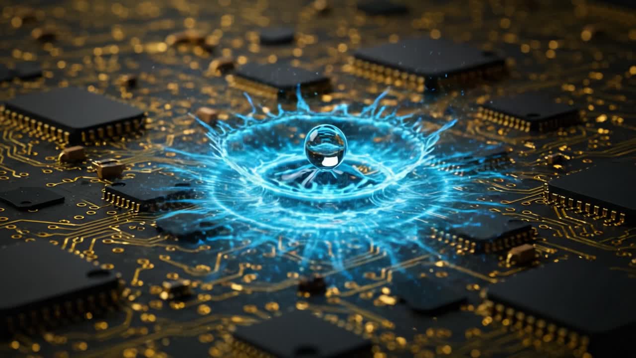 The Harmony of Technology and Nature: A Dynamic Water Splash on a Circuit Board, Showcasing the Intersection of Digital Innovation and Natural Elements