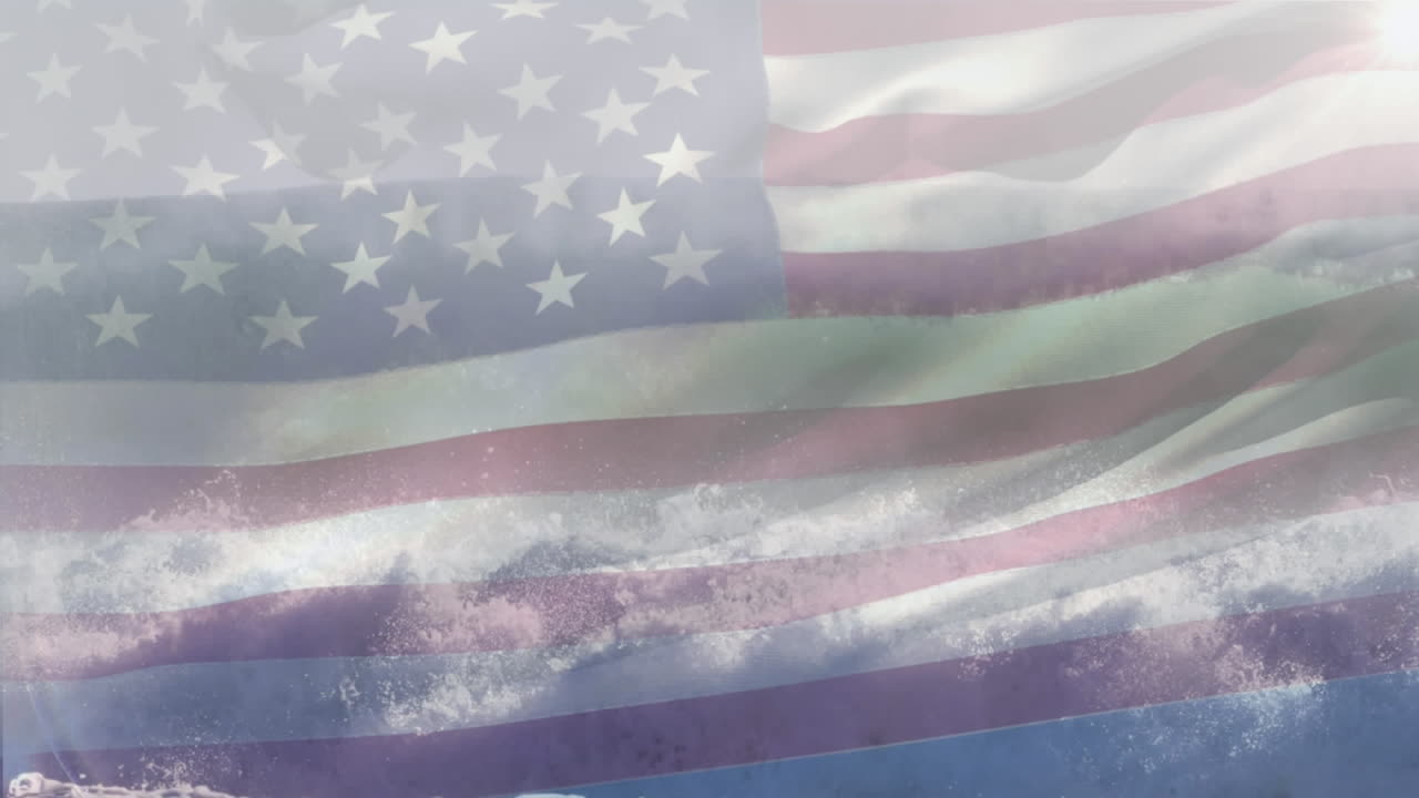 composición digital de agitarnos la bandera contra las olas en el mar