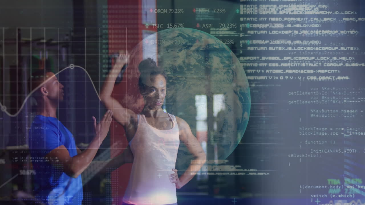 Fitness training session overlaid with global data and digital analytics animation