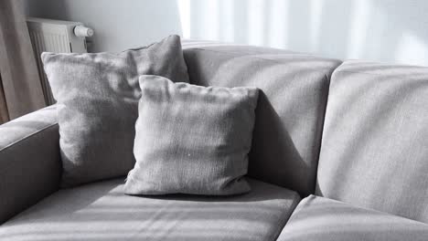 grey sofa with pillows in sunlit living room