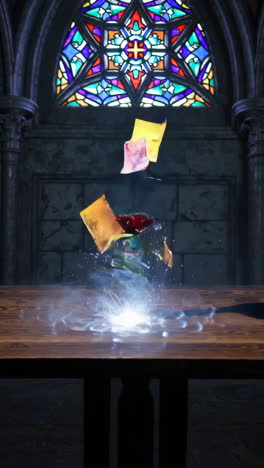 magic on a wooden table in a gothic cathedral
