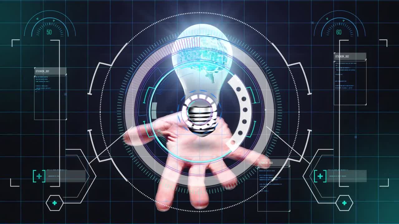 Animation of bulb over hand of caucasian man and diverse data on digital screen