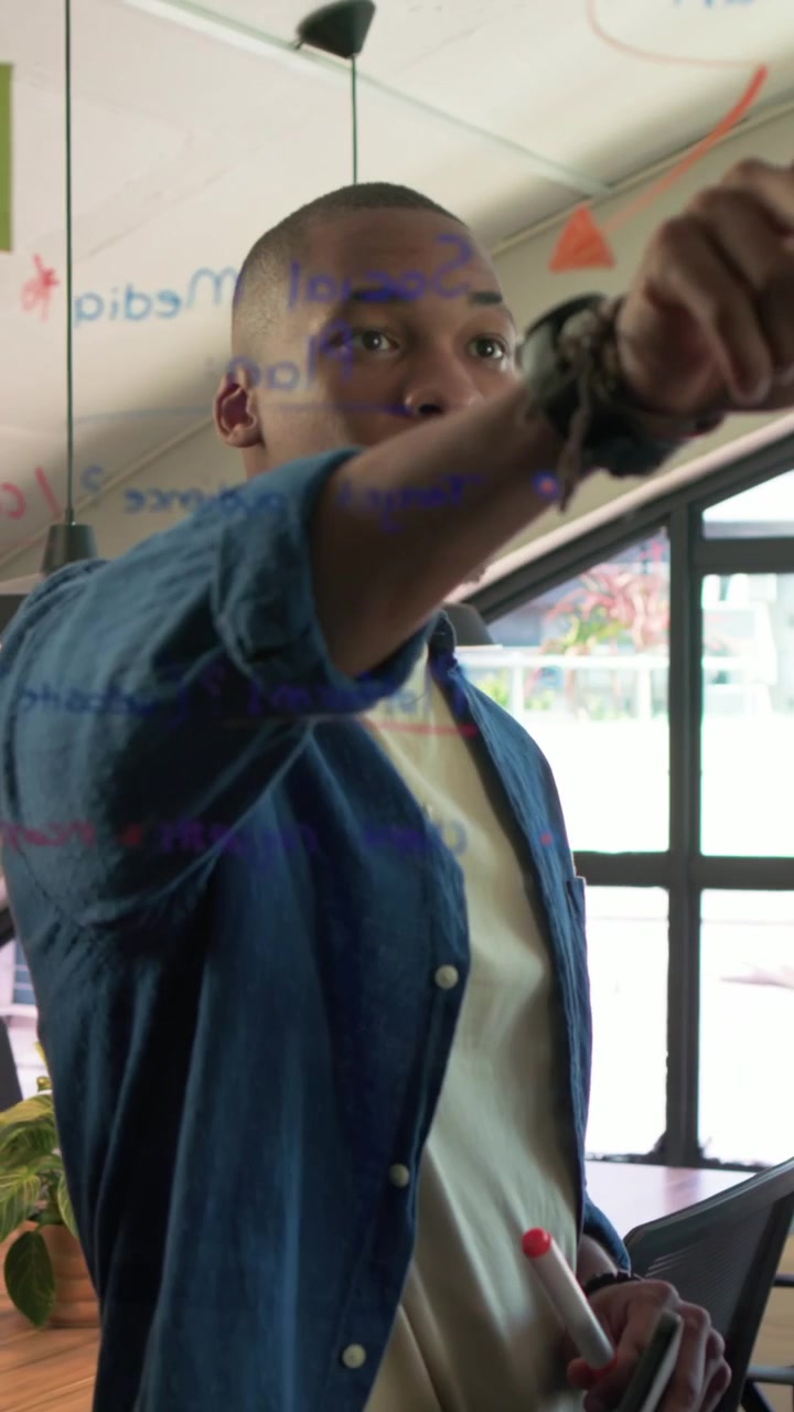Vertical video: Starting red marker sparking blue-shirt man, coworker writing on glass for planning