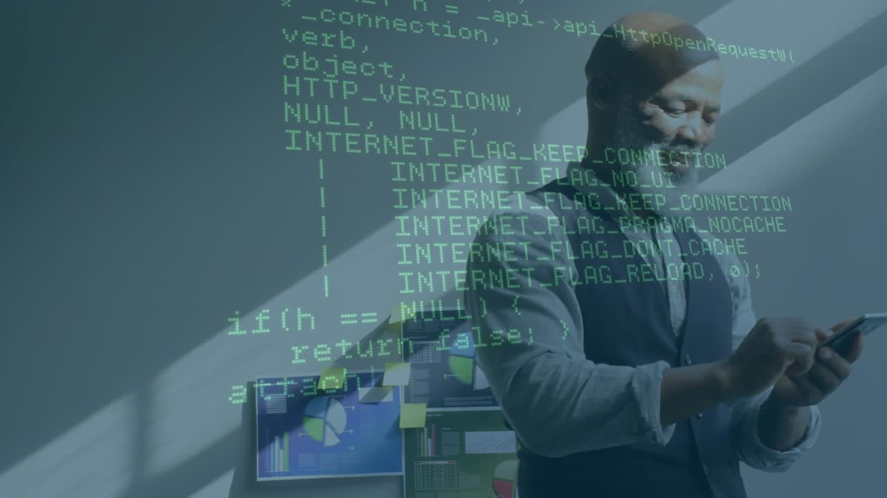 Animation of financial data processing over african american businessman using smartphone