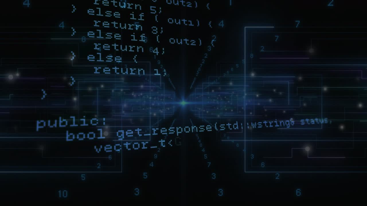 Glowing central node initiating declarations, API methods and geometry transitioning then dimming