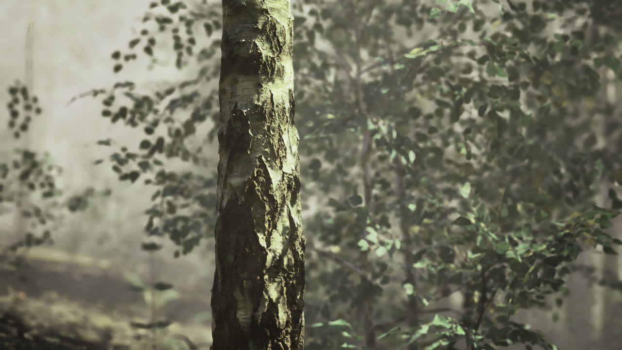 Close up view of a tree trunk amidst lush greenery in a serene forest setting
