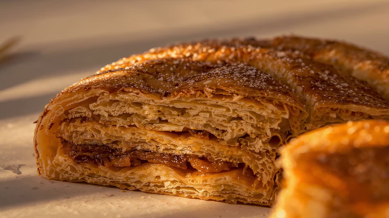 Regolazione della messa a fuoco, la camera mostra un dolce laminato sul bancone, rivelando un ripieno al caramello e zucchero per dare consistenza.