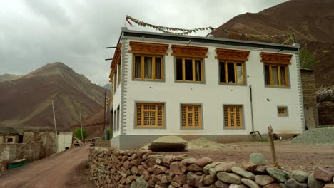 a traditional himalayas homestay used by trekkers on high altitude walks amidst ladakh's serene markha valley mountains. isolated remote lodging for adventure tourists and travellers.