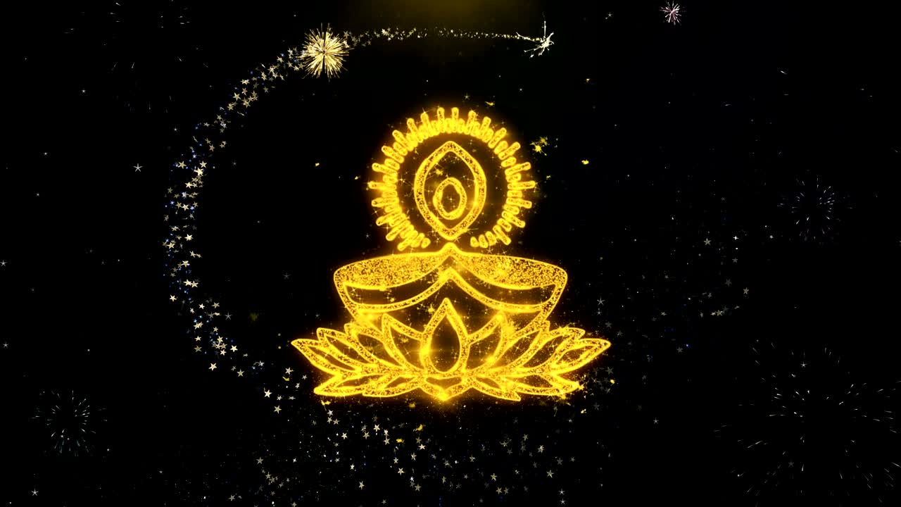 Happy Diwali Element 2 Sky Firework  Written Gold Particles Exploding Fireworks Display