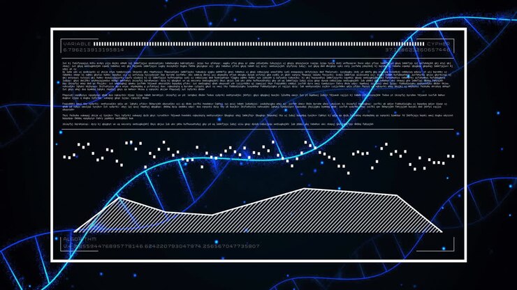 Animation of dna strands over data processing on black background
