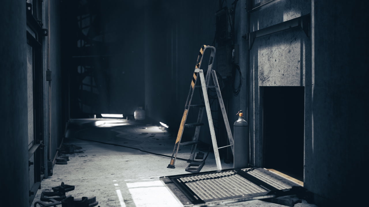 Dimly lit hallway with ladder and equipment in an abandoned building