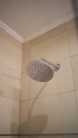 vertical format camera shot of polished aluminum shower faucet at hotel restroom, with light beige wall tiles and white ceiling.
