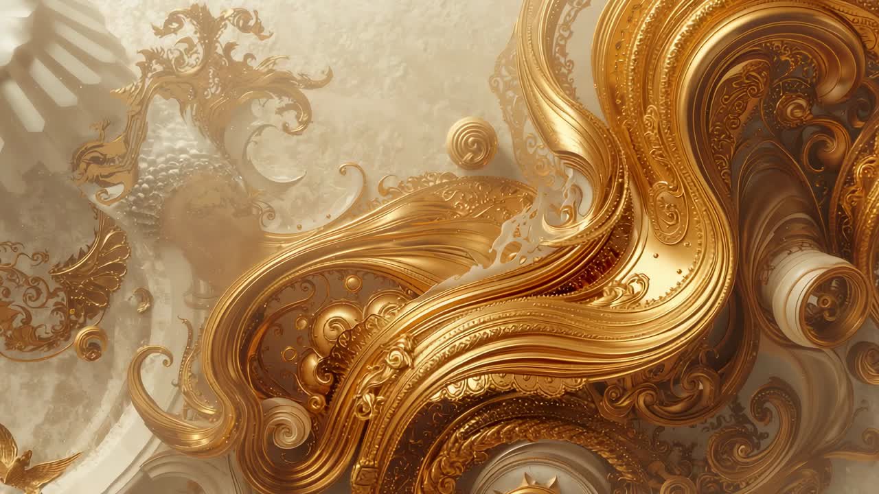 Shifting lighting revealing ornate golden fractal swirl within void, featuring scrolls, spheres