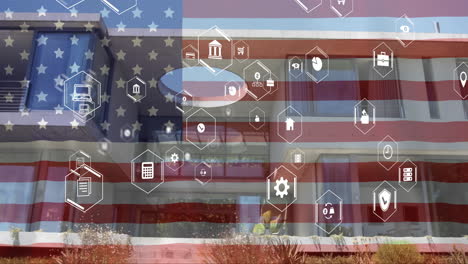 american flag animation and digital icons over modern house