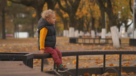 Un-Niño-Lindo-Está-Sentado-Solo-En-Un-Banco-En-El-Parque-En-El-Día-De-Otoño-Infancia-Feliz-Y-Caminando-En-El-área-De-Recreación-En-La-Hermosa-Naturaleza-De-La-Ciudad-En-Otoño