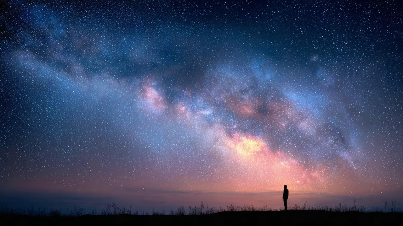 A Wanderer Gazing at the Vastness of the Universe: A Mesmerizing Night Sky Filled with Stars and the Milky Way's Ethereal Beauty