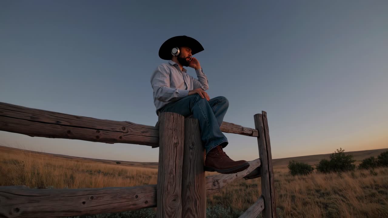 Cowboy Listening to Music at Sunset