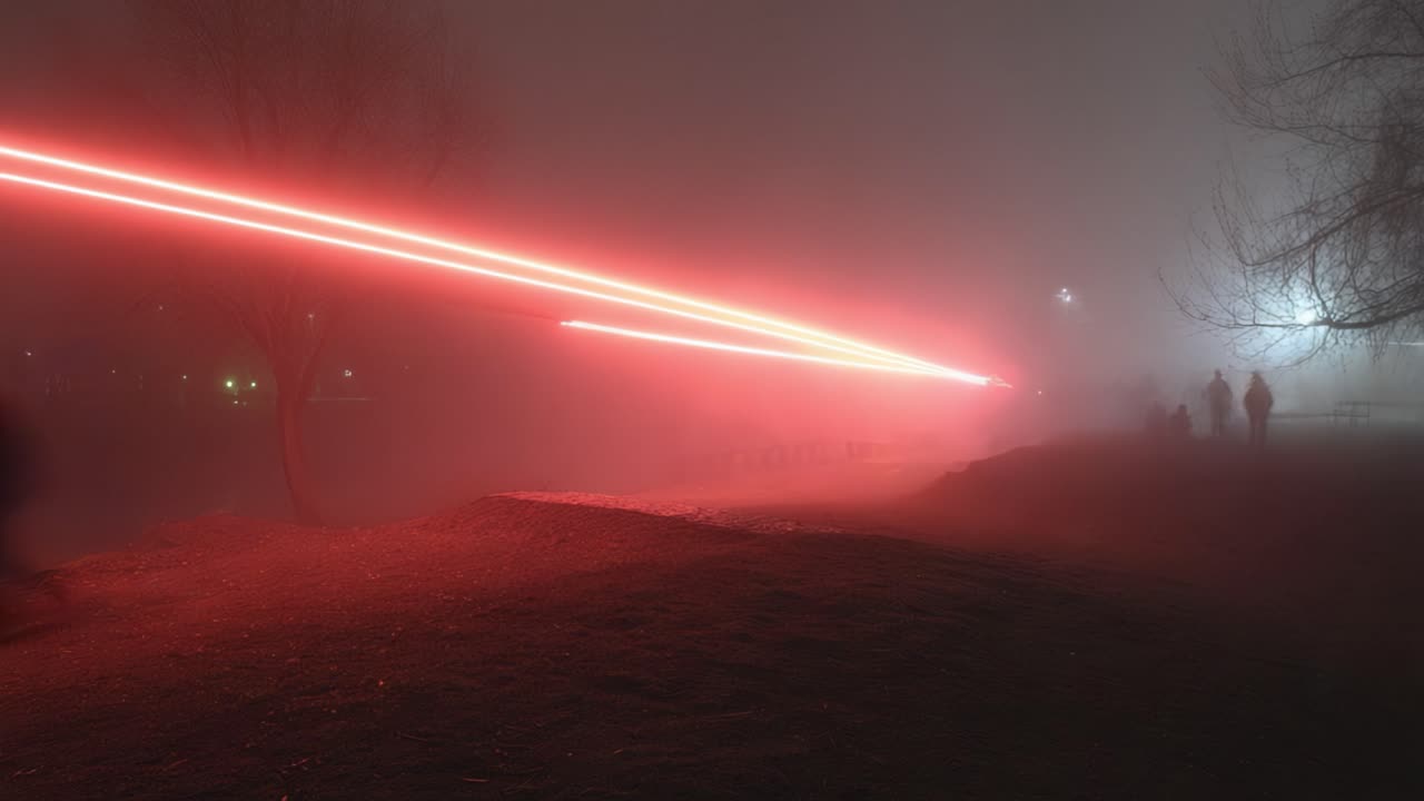 Mysterious blurry silhouettes of people walking through a park at night, their figures illuminated by powerful red laser beams cutting through the dense, eerie fog for an artistic installation