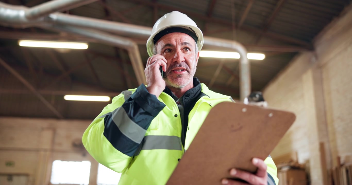 Direttore di cantiere edile al telefono mentre controlla una lavagna con appunti