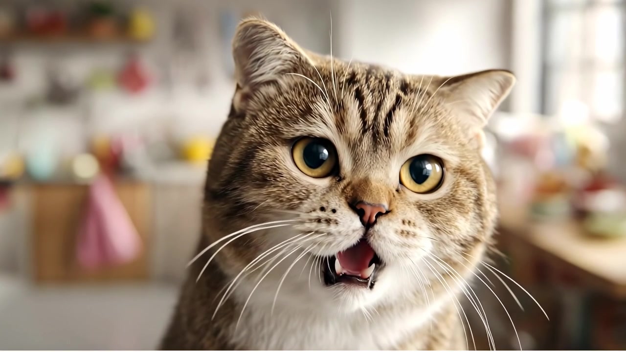 Gatto miagola rumorosamente in cucina. Un gatto è seduto in cucina, emettendo un forte rumore con la bocca aperta.