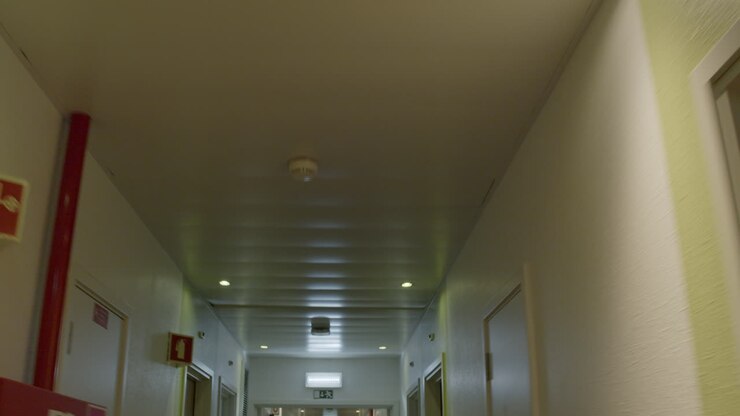 Hospital or Hotel Corridor with Emergency Exit Signs