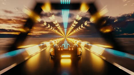 futuristic car in a neon tunnel at sunset