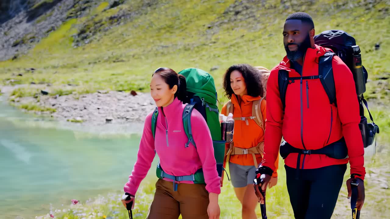 Group of diverse friends enjoying a spring trail adventure.