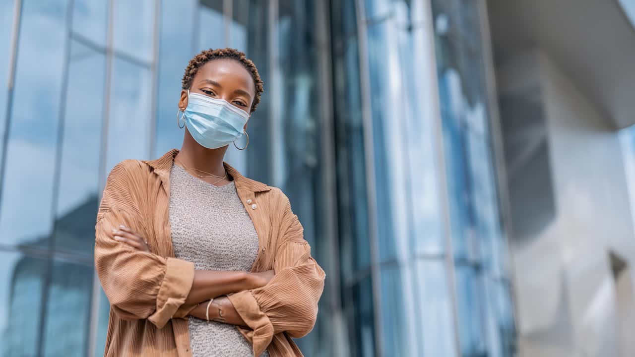 A confident individual wearing a mask stands in front of a modern building, exuding strength and resilience amidst changing times and health challenges in society