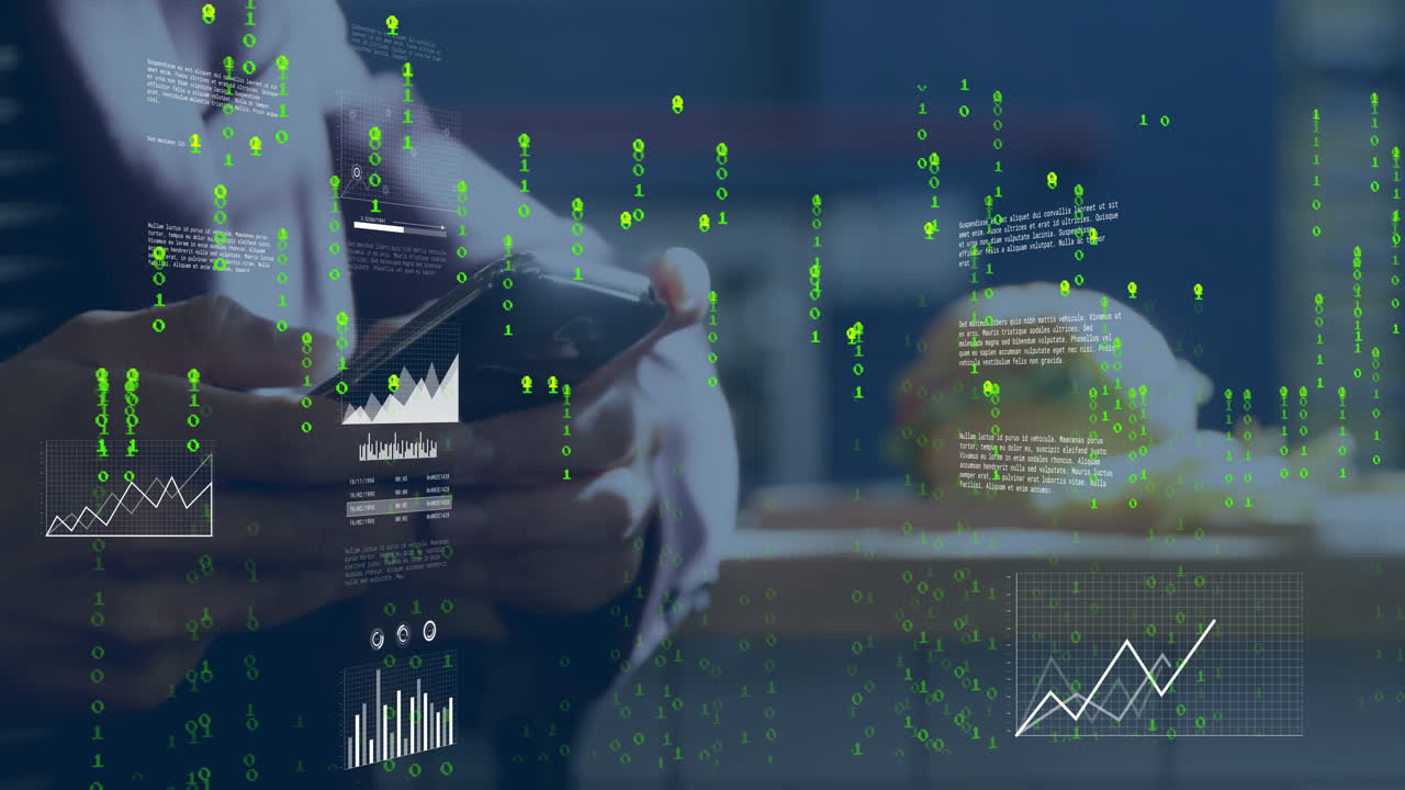 Person using smartphone with financial data and binary code overlay animation