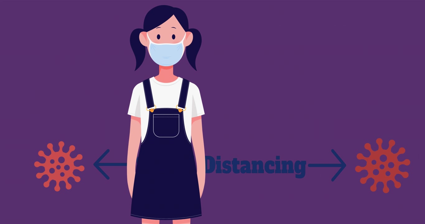 Animation of schoolgirl icon over social distancing text and virus cells on purple background