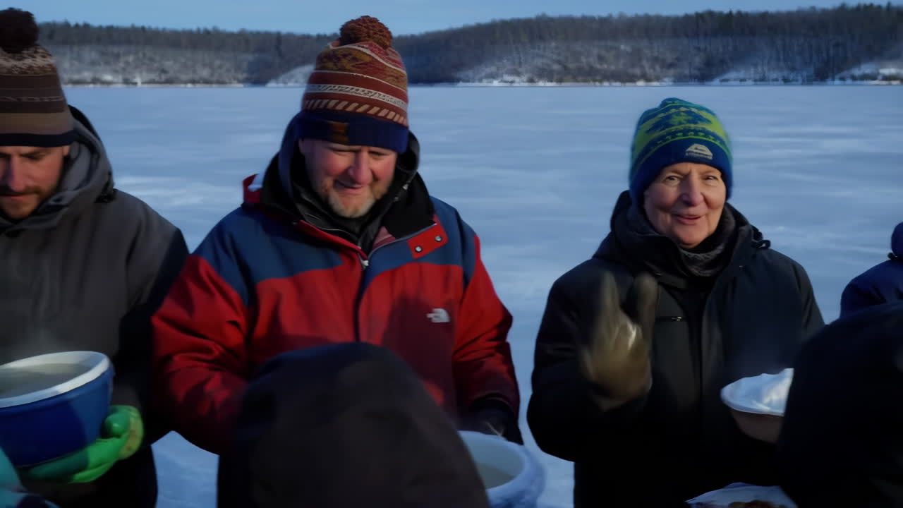 People enjoying warm food on a frozen lake during winter