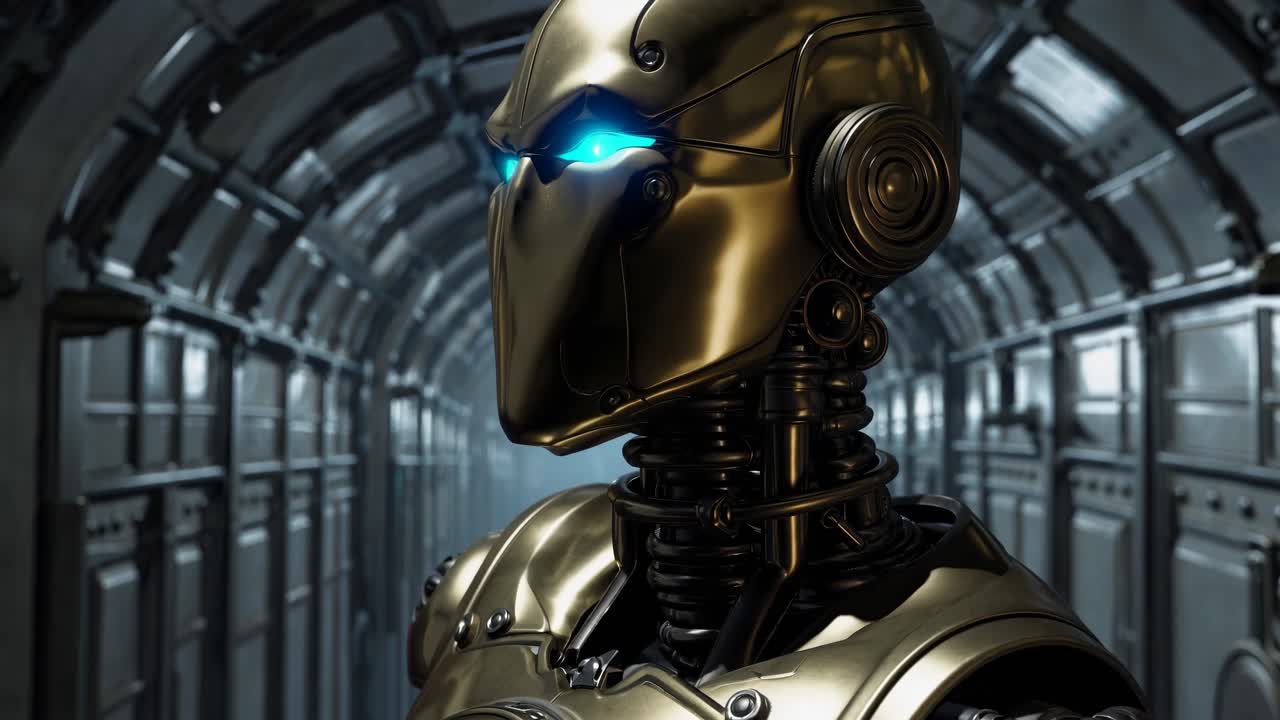 Robot futuristico con occhi luminosi in un tunnel metallico, ripreso da un'angolazione dal basso.