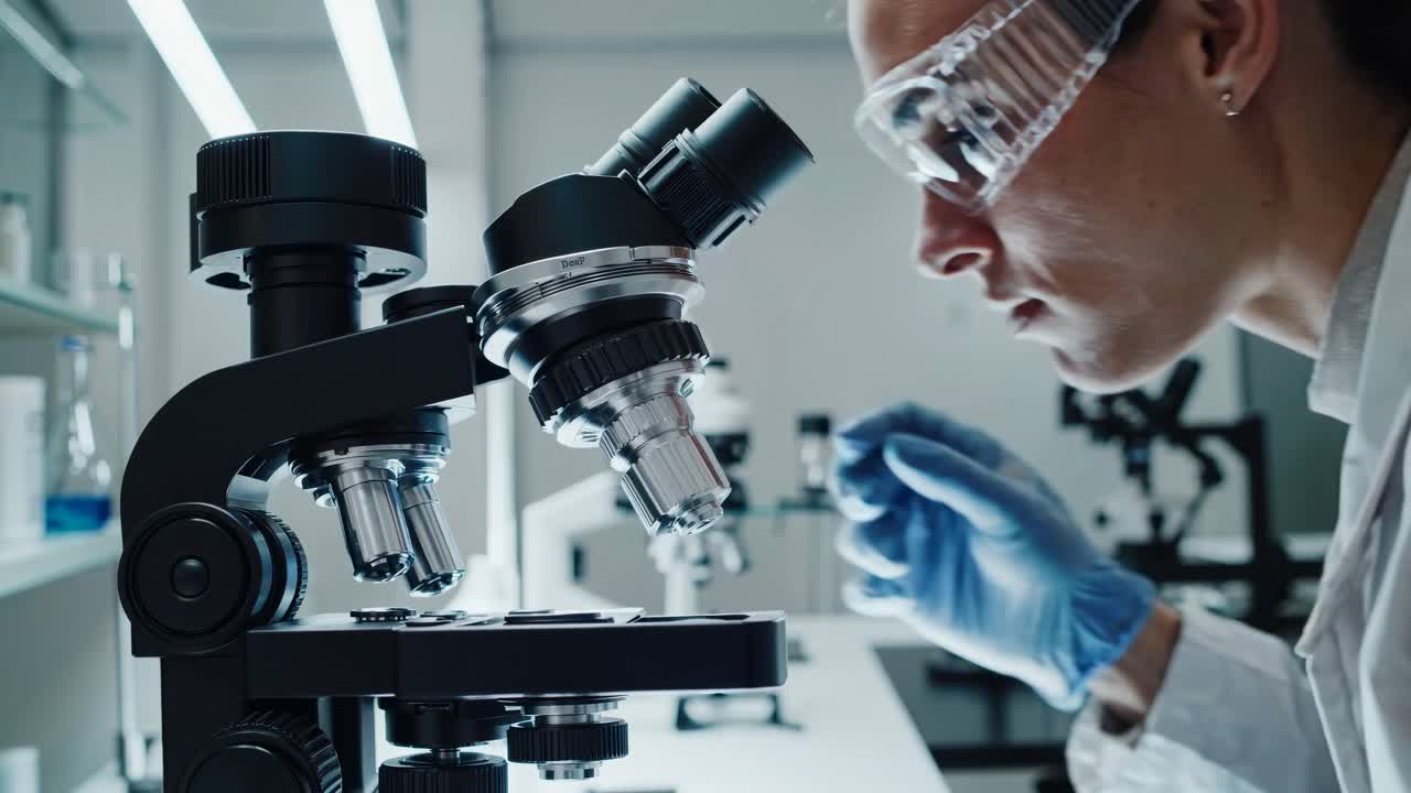 Close-up video of a scientist in a lab coat using a microscope, shot from a side angle