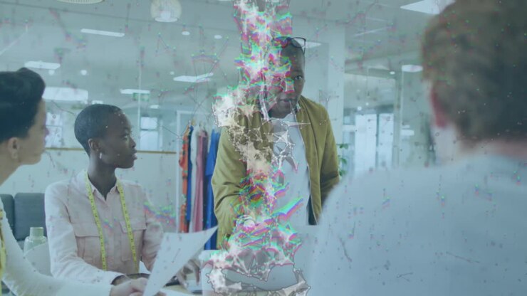 Animation of connections and data processing over business people in office