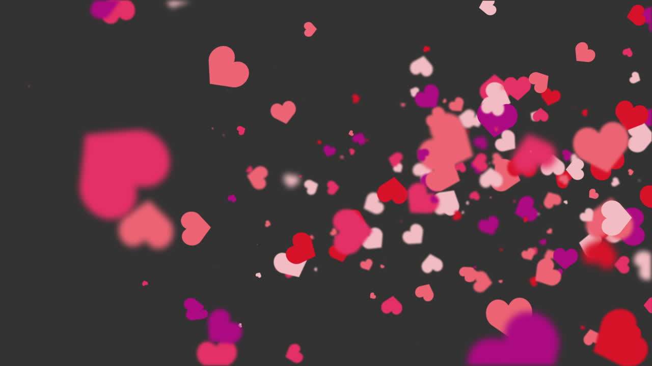 Flying romantic red hearts of different sizes. Animated abstract dark gray background. Looped video. Concept for valentine's day, wedding.