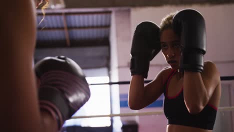 Two-mixed-race-women-training-in-boxing-ring